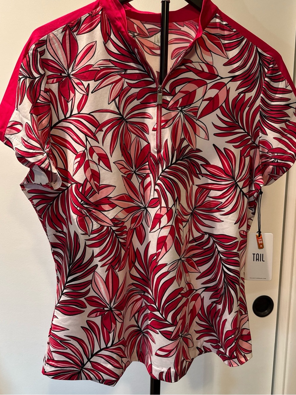 Tail Women's Short Sleeve 1/4 Zip Golf Polo Night Jungle Palm Size L NWT